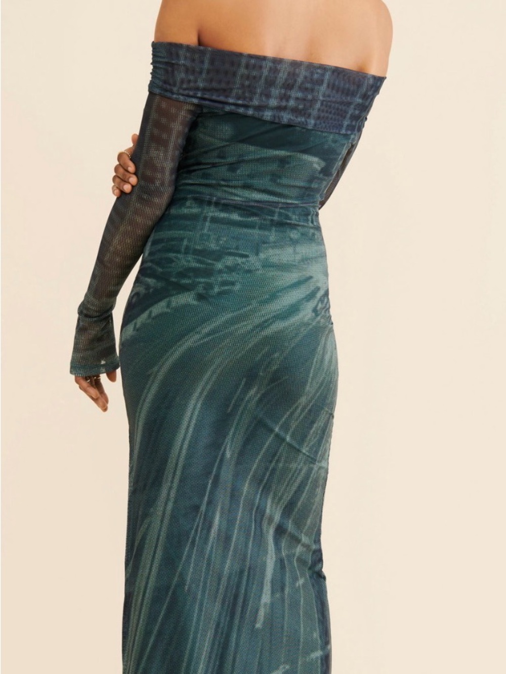 Motel Rocks Teal Green Off-Shoulder Long Sleeve Maxi Dress